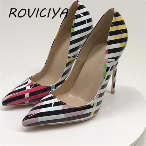 Stripe Colorful Brand Women Shoes 12cm High Heel Party Ladies Pointed Toe Shallow Sexy Wedding Party Club shoes QP088 ROVICIYA