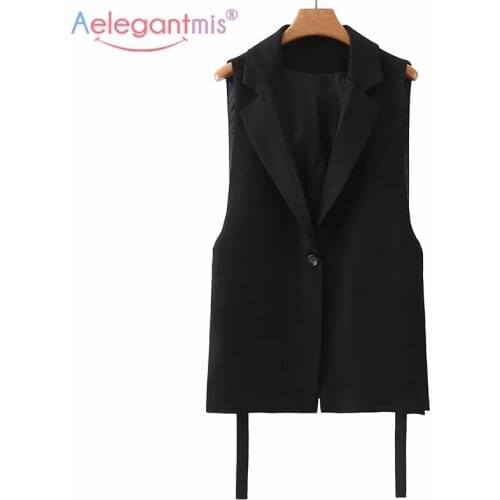 Aelegantmis Fashion Solid Lace Up Long Vests Women Vintage Design White Loose Waistcoats Korean High Quality Black Vest Outwear
