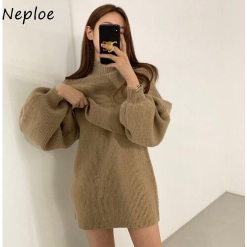 Neploe Korean Temperament Knit 2 Pcs Women Set Sleeveless Pit High Waist Hip Dress + High Neck Shawl Long Sleeve Sweater Suit