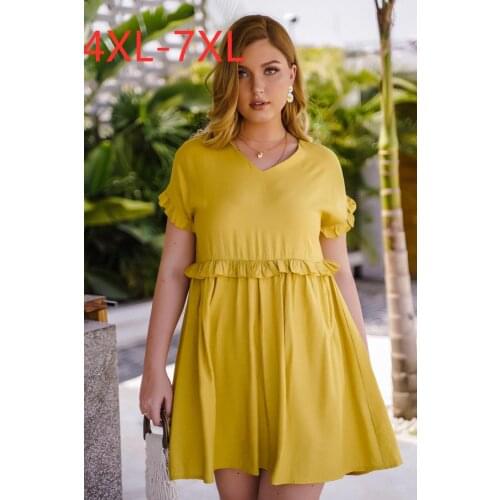 New 2021 summer plus size dress for women large short sleeve loose casual ruffle yellow V neck pleated dresses 4XL 5XL 6XL 7XL