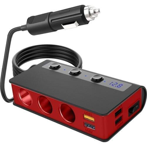 180W 12V/24V 4 USB 3 Socket Cigarette Lighter Phone Car Charger ON-OFF Power Splitter with LED Light for Phone MP3 MP4 Radio