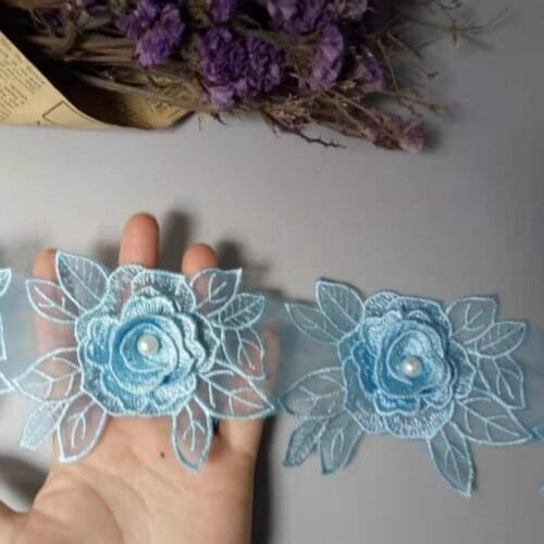 20Pcs/Lot Blue Rose Flower Leaf Pearl Lace Trim Applique Trimming Ribbon Embroidered Fabric Sewing Craft Wedding Decoration 10cm