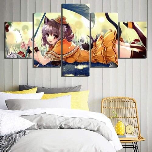 5 Piece Wall Art Canvas Anime Manga Figure Cat & Girl Pictures And Prints Home Modern Living Room & Bedroom Decoration Paintings