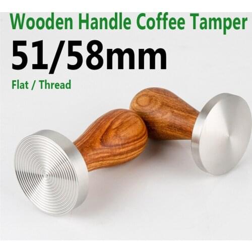 51/58mm Stainless Steel Wood Coffee Powder Hammer Flat Base Solid Wood Handle Coffee Tamper Thread Barista Espresso Accessory