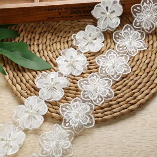 60Yards Floral Lace Fabric White Embroidered Applique Patch Pearls Trim Webbing Decoration Gift Ribbons Crafts