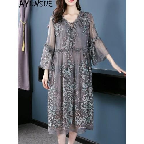 AYUNSUE 100% Silk Spring Summer Dress Woman Vintage Midi Dress Female Plus Size Dresses for Women 5xl Casual 2021 Vestidos W4788
