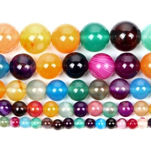 Natural Stone Mixed Color Agates Veins Stripe Charm Round Loose Beads For Jewelry Making Needlework Bracelet Diy Strand 4-12MM
