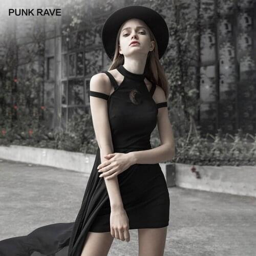 PUNK RAVE Girls Gothic Halter Drop Shoulder Layered Dress Club Fashion Sexy Women Black Dress