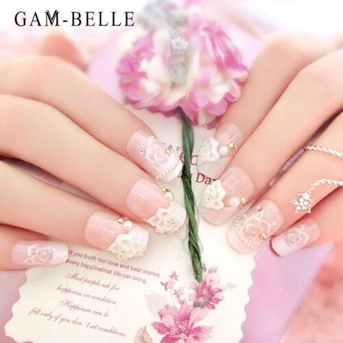 GAM-BELLE French Square Fake Nails 3D Carving White Flower Artificial False Nail Tips Full Cover Press On Nails Manicure Tools