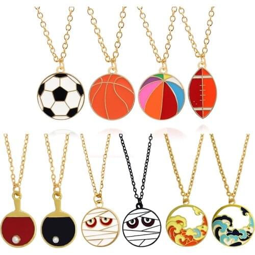 Ball Mummy Ghost Necklace Round Football Rugby Table Tennis Hollow Waves Pendants Necklace for Women Men Jewelry Sports Fan Gift
