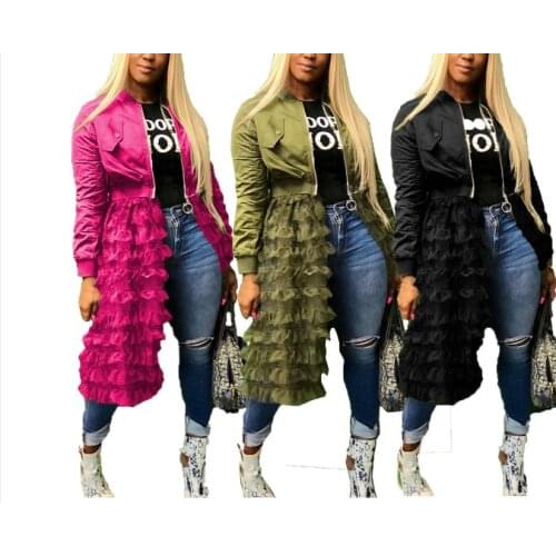 2021 autumn winter lugentol womens jacket with solid color zipper + long sleeve mesh lace skirt