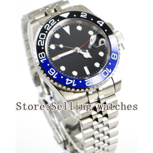 40mm Parnis Black Sterile Dial Blue black Ceramic Bezel Jubilee Style Strap Red GMT date window automatic mens watch