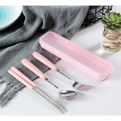 Fashion candy color ceramic handle portable tableware set stainless steel spoon chopsticks fork dinner three-piece cutlery