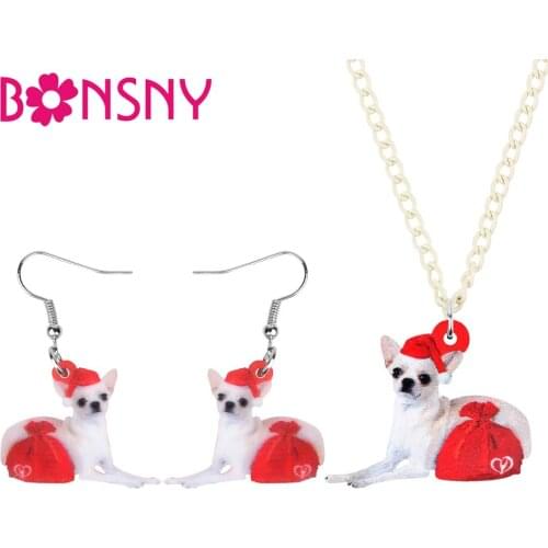 Bonsny Acrylic Christmas Chihuahua Dog Gift Bag Jewelry Set Necklace Earrings Animal Decoration Jewelry For Women Girl Accessory
