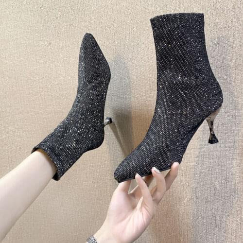 2021 New Autumn and Winter High Heel Womens Shoes Pointed Toe Stiletto Boots Black Stretch Thin Socks Boots Marti Boots Sexy