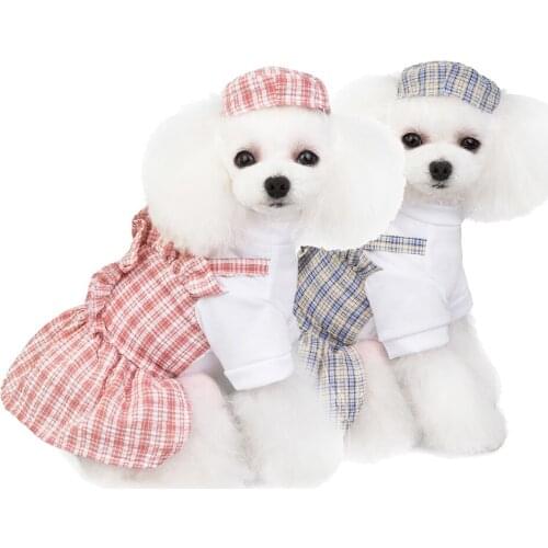 Girl Puppy Plaid Dress Hat Kit Peach Dog Clothes Dress Strap Dress Cap Pet Dog Princess Suspender Skirt