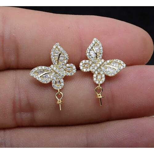 Butterfly 925 Sterling Silver Earrings Findings Mountings Settings Jewelry Parts Fittings for Coral Jade Agate Beads Crystal