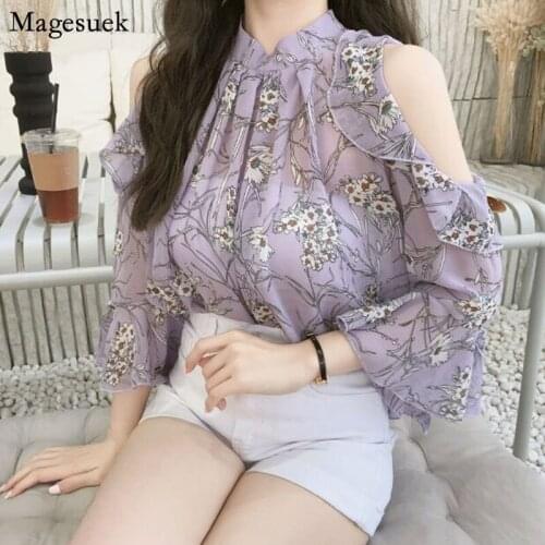 Floral Printed Chiffon Blouse Sexy Open Off Shoulder Shirts Women Tops Korean Style Design Purple Black Chiffon Top Blouse 14301