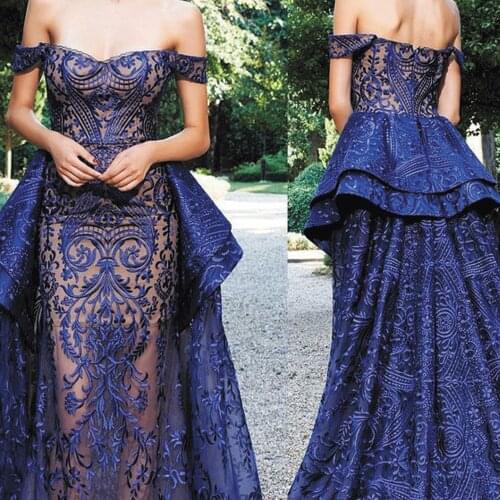 SuperKimJo Modest Prom Dresses with Detachable Skirt Navy Blue Lace Applique Off the Shoulder Prom Gown Vestido De Festa