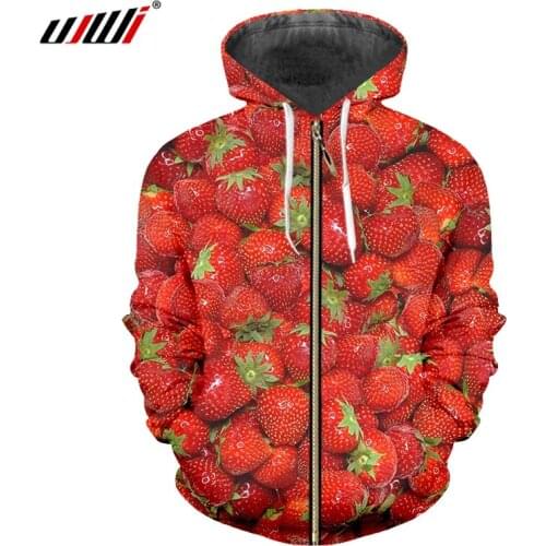 UJWI 3D Print Strawberry Fruit Zipper Hoodies Men/Women Jacket Casual Long Sleeve Zip Up Hooded Kawaii Fruit Hoodies Sweatshirts