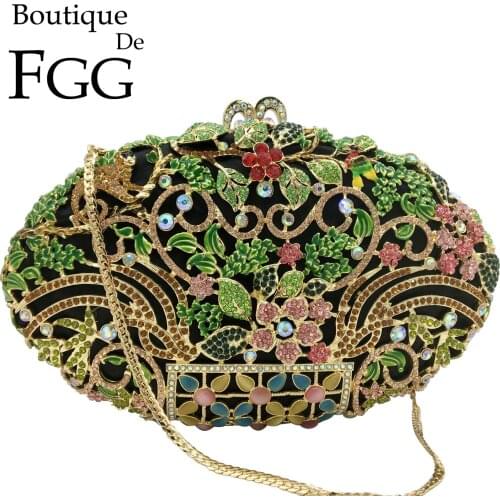 Boutique De FGG Jungle Monkey & Flower Women Evening Bags and Clutches Wedding Party Crystal Clutch Purse Gala Dinner Handbags