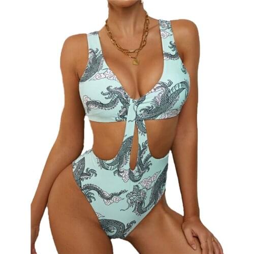 2021 Women Bikini Ladies Padded Swimwear Hollow Out Swimsuit Bikini Romper Backless Off-Shoulder No-Sleeve Printed Beachwear