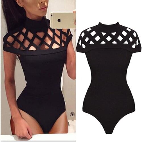 Women Bodysuit Black Bandage Short Sleeve High Neck Ladies Sexy Bodysuit Femme Evening Party Summer Clothes