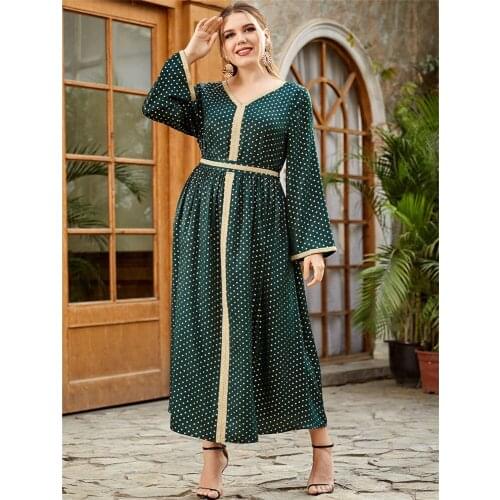 Ramadan Muslim Women Polka Dot Long Dress Arab Abaya Islamic Clothing Middle East Dubai Kaftan V-neck Maxi Robe Gown Plus Size