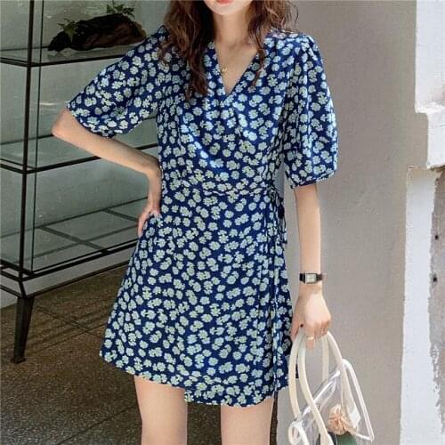 New Blue Floral Printed Women Short Dress Summer Casual Streetwear Hip Hop Retro Lady Day Clothes Dresses