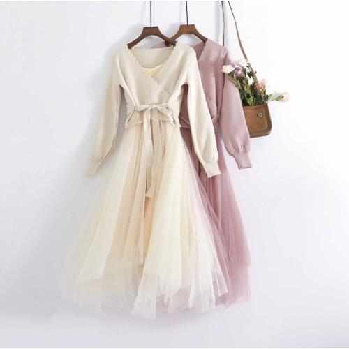 Women Autumn Winter Lantern Sleeve Patchwork Mesh Gauze Bandage Strap Knitted Bow Dress Vintage Elastic Slim Party Midi Dresses