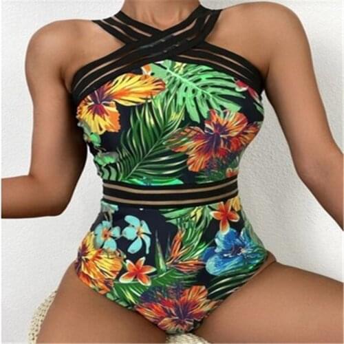 2021 New Swimwear Womens Sexy Leaves Flower Printing Swimsuit Classic Sleeveless High Waist Playsuit Tight V-neck Romper Bikini