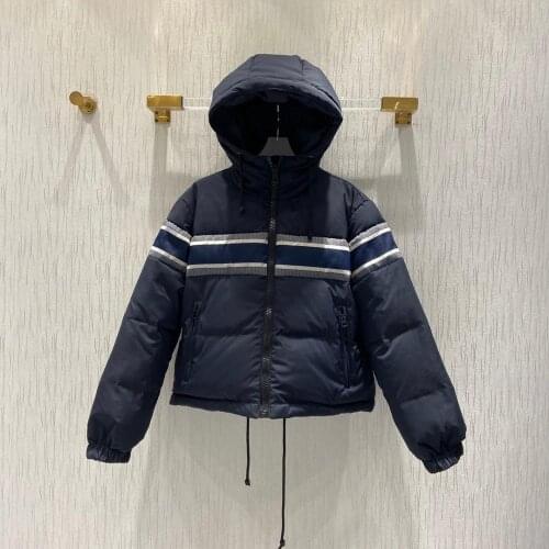 2021 Winter French Style Quilted Reversible 2 Face Navy Hooded Down Bomber Jacket