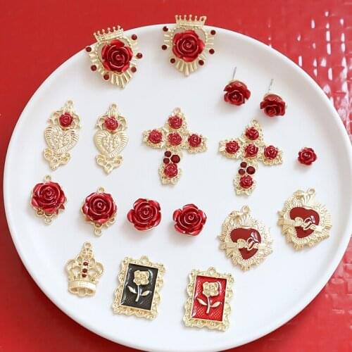 6pcs Best Selling stud Earrings for women Fresh Trends Red festive rose flower cross Rhinestone pendant diy jewelry accessorie