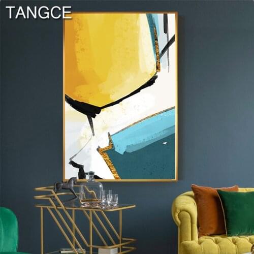 Abstract Golden Line Sky Blue Canvas Painting Nordic Green Color Block Wall Art Decor Postmodern Print n Poster For Living Room