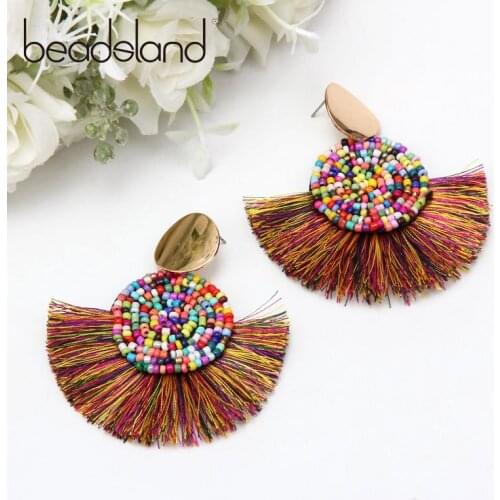 Beadsland Drop Earrings Thread Tassels With Color Glass Beads Fashion Bohemia Women Girls Dancing Party Christmas Gift 40020