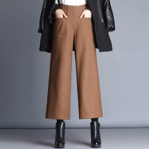 Fashion Autumn Winter Woman Wide Leg Ankle Length Wool Trousers , Fall 2018 Female Women High Waisted Black Camel Woolen Pants
