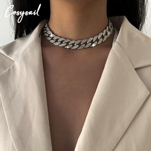 Cosysail Shiny Rhinestone Crystal Curb Cuban Rhinestone Choker Necklace for Women Men Simple Chunky Collar Necklace 2021 Fashion
