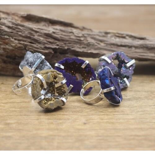 Titanium Coating Druzy Drusy Copper Rings Raw Crystal Quartz Geode Slab Slice Band Ring Retro Punk Jewelry Dropshipping,QC4113