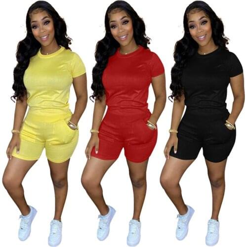 Spring Summer Two Piece Set Solid Short Sleeve T-shirt Crop Top & Shorts Set Women Club Outfits Lounge Wear Sweatwear Streetwear