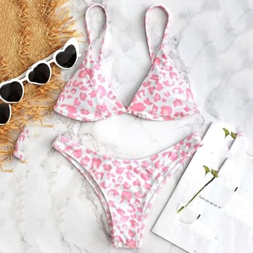 Pink Swimwear Women Sexy Leopard Print Bikini Set Push-Up Padded Bra Summer Beach Swimsuit Beachwear купальник женский 2021 New