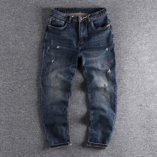 Dark blue jeans mens cat must hole embroidery mens slim straight pants high quality cool trouser 390