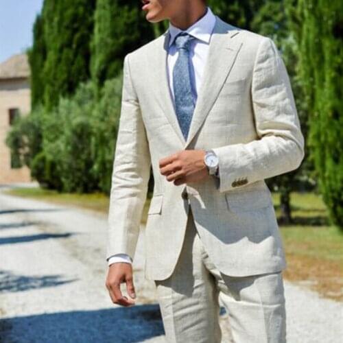 ANNIEBRITNEY Light Grey 2 Piece Men Slim Linen Summer Suit 2020 Summer Beach Groom Wedding Tuxedo Tailor Made Casual Men Suit