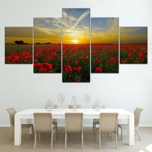 The flowers and sunset 5 Panels HD Print Wall Art modern Modular Poster art Canvas painting for Living Room Home Decor