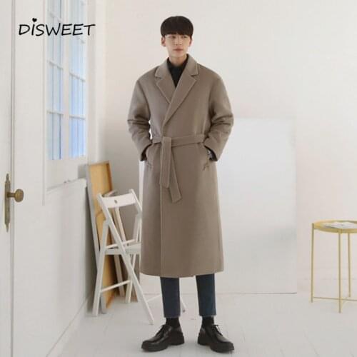 Solid Lapel Woolen Coat Male Korean Loose Belt Long Coat Mens Winter Warm Slim Jacket Boy