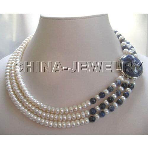 Selling Jewelry>>> P1278-17-19" 3row 8mm white freshwater pearl and lapis lazuli necklace-white GP