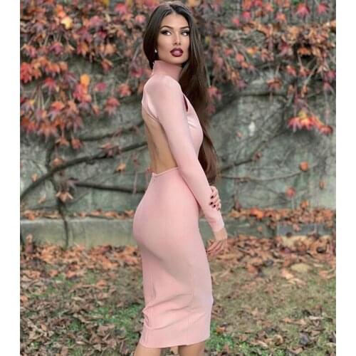 Pink Black White Backless Dress 2021 Spring New Korean Sexy Knitted Long Sleeve Midi Stretch Slim Sexy Party Dress for Women