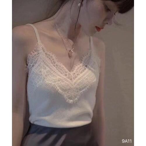 Sexy V-neck Lace Tank Tops Women Camisole Casual Solid Sleeveless Shirt Knit Top