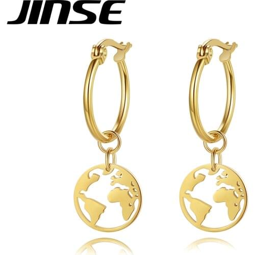 JINSE African Traveller World Map Hoop Earrings for Women Gold Metal Fashion Jewelry Statement Stainless Steel Huggie Party Gift