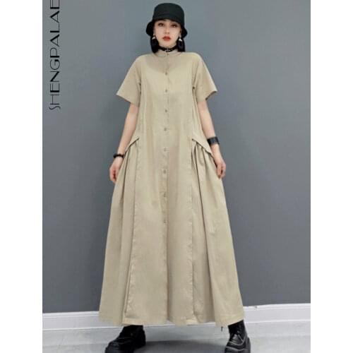 SHENGPALAE Minimalist Dress Womens Summer 2021 New Round Neck Single Breasted Short Sleeve Irregular Spliced Mid-calf Dresses