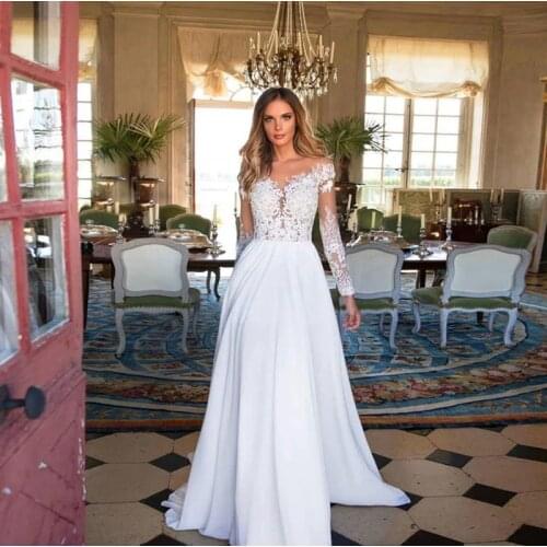 Chiffon Lace Wedding Dress 2021 Long Sleeves Beach Side Slit Boho Appliques Bride Dresses Elegant Country Bridal Gown Sheer Back